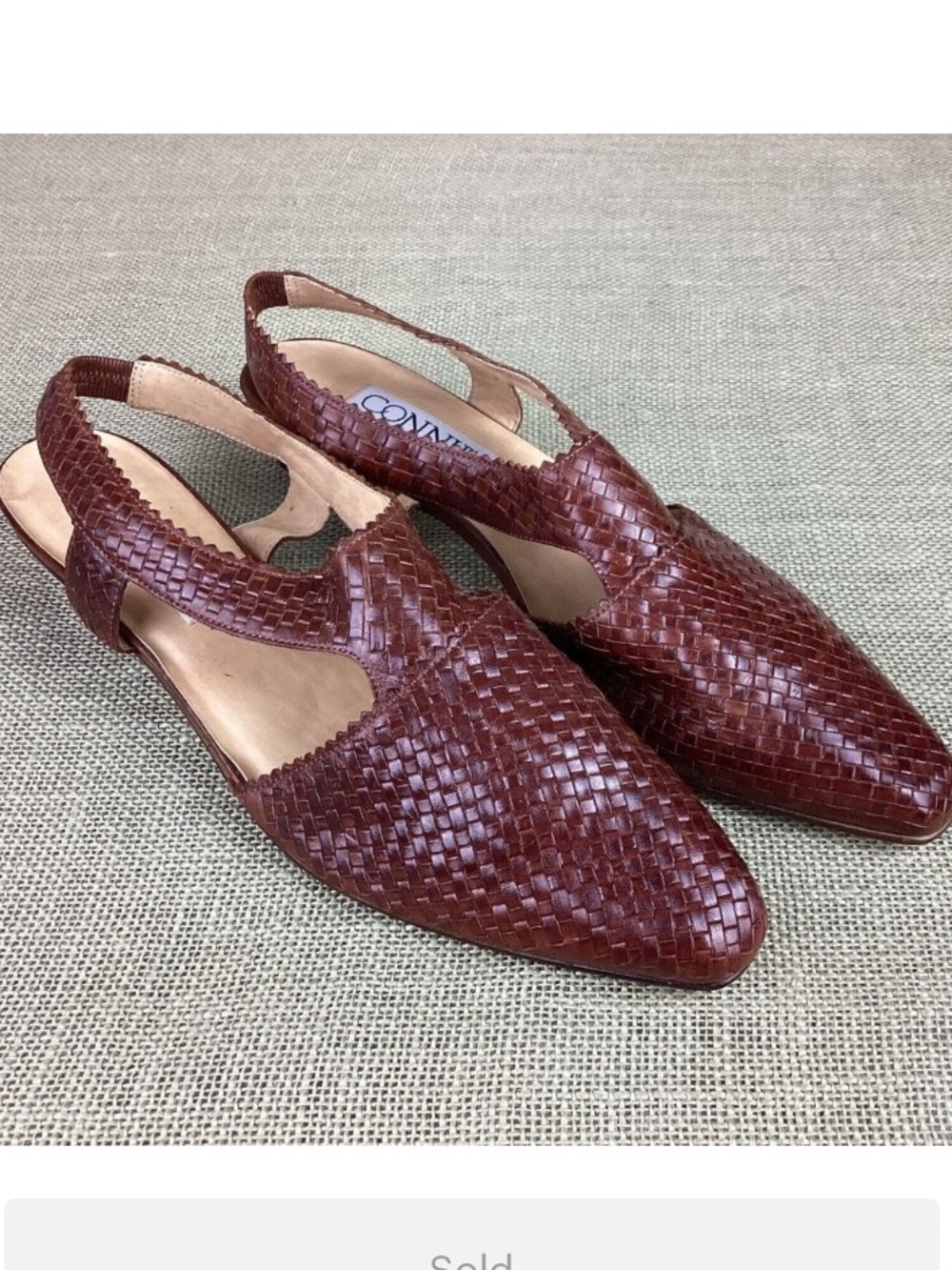CONNIE Brown Woven Leather Slingback Low Block Heel Sandals Made in Brazil 9.5